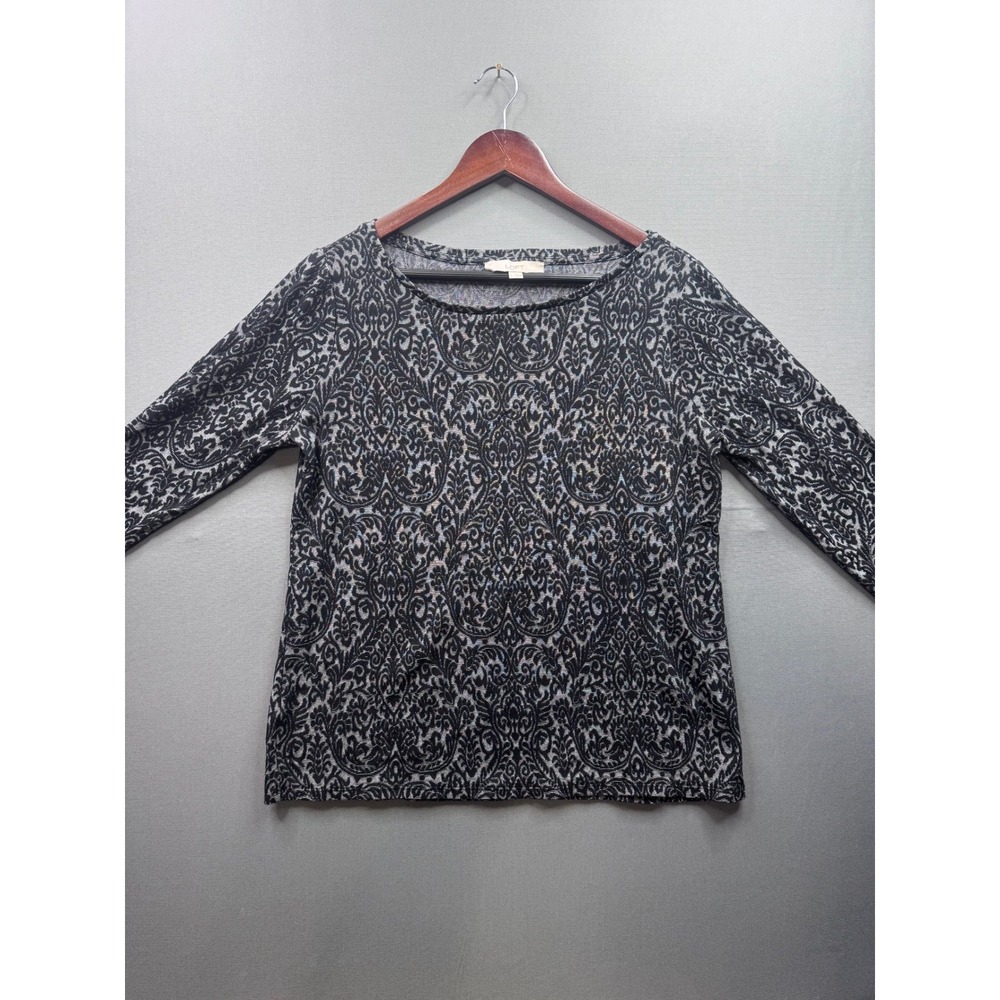 LOFT Vintage Women Black Gray Damask Print Long Sleeve Top Size‎ L